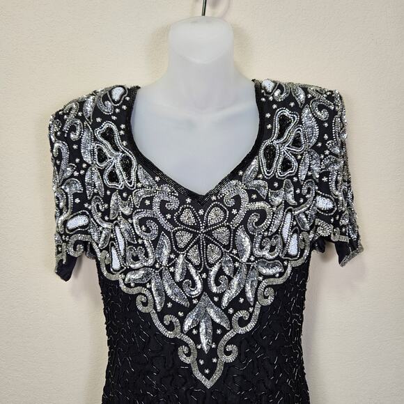 VTG Laurence Kazar Beaded Silk Formal Dress L Embellished Sequin MOB 80s Black - Picture 4 of 16
